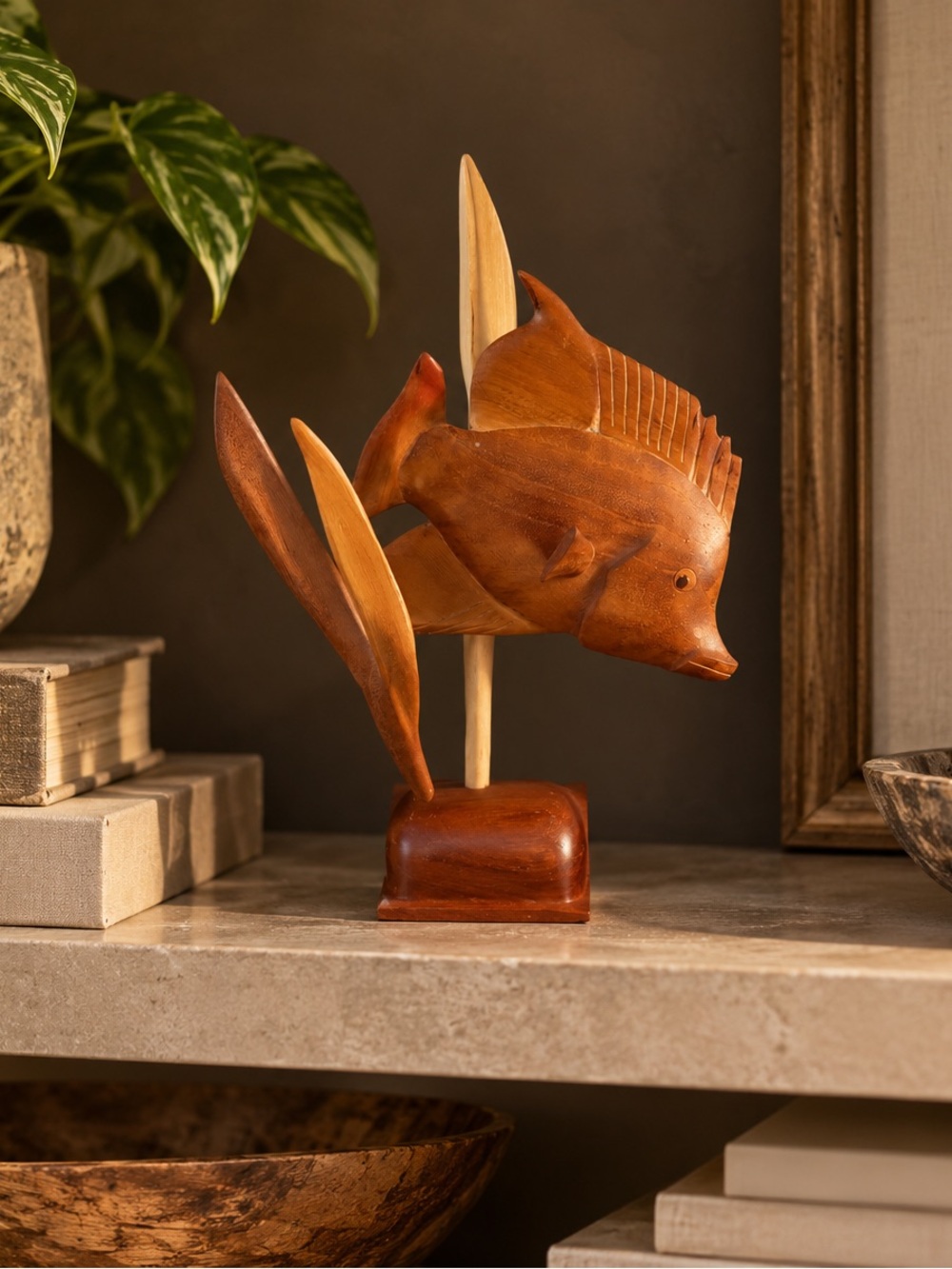 Hand-Carved Wooden Fish Sculpture - Brown Decorative Accent